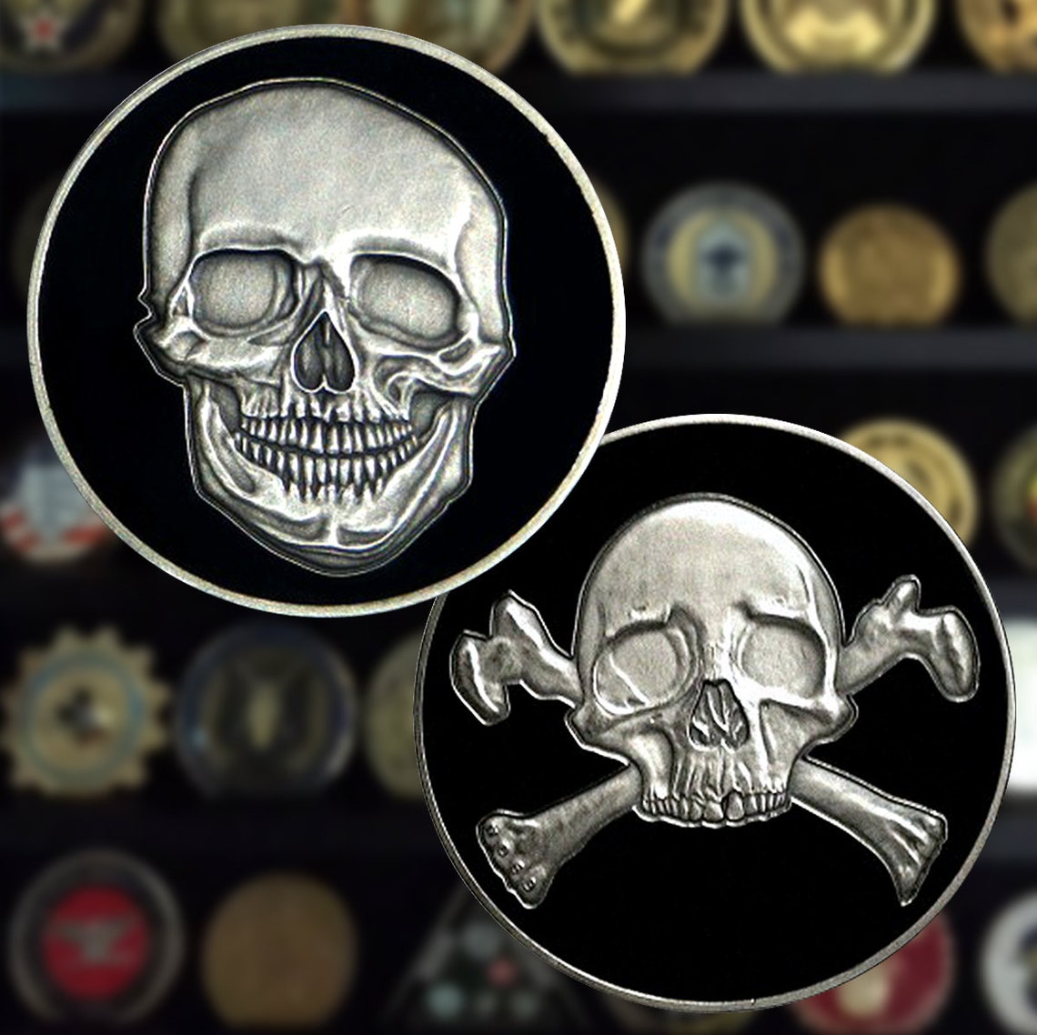 Motordog69 Skull and Crossbones Harley Horn Cover Coin Mount Set for