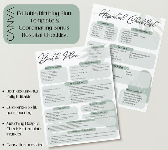 Editable Birth Plan and Hospital Checklist -Digital Download