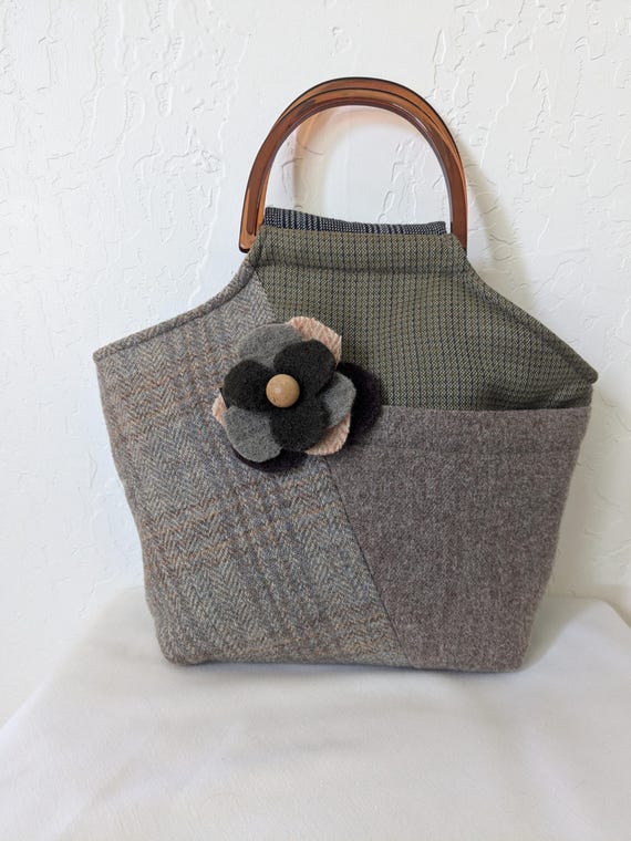 baabaa Zuzu Patchwork Wool Tote Bag Lucite Handles Herringbone Houndstooth Handmade Michigan