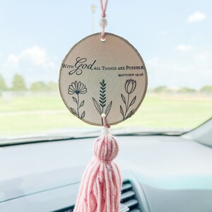 Christian Car Charm: Wood Slice Bible Verse Art with Tassel