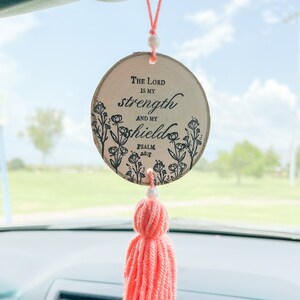 Christian Car Charm: Bible Verse Wood Slice with Tassel