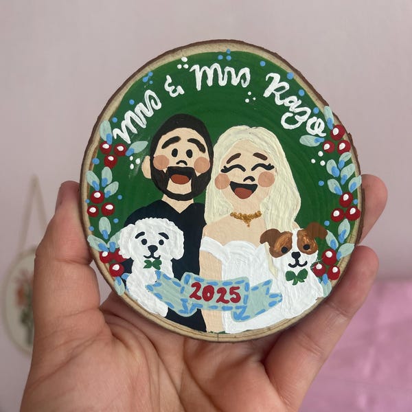 Custom Family Portrait Christmas Ornament: Hand-Painted Wood Slice