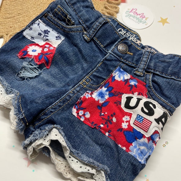 18M / up cycled patriotic patchwork denim shorts /  patchwork pants / July 4th outfit/ poma  and sparkles boutique