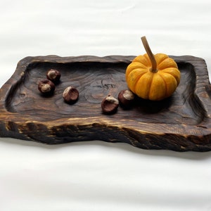 May include: A rustic wooden serving tray with a natural wood grain finish. The tray features a small orange pumpkin and several brown chestnuts.