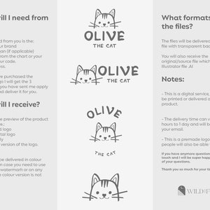 K&ouml;nnte beinhalten: Eine digitale Illustration eines Katzenlogos mit dem Text "Olive the Cat". Das Logo ist in Schwarzwei&szlig; verf&uuml;gbar und umfasst eine gestapelte, horizontale und kreisf&ouml;rmige Version. Der Text "What will I need from you?" und "What formats are the files?" ist ebenfalls im Bild enthalten.