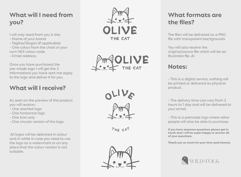 K&ouml;nnte beinhalten: Eine digitale Illustration eines Katzenlogos mit dem Text "Olive the Cat". Das Logo ist in Schwarzwei&szlig; verf&uuml;gbar und umfasst eine gestapelte, horizontale und kreisf&ouml;rmige Version. Der Text "What will I need from you?" und "What formats are the files?" ist ebenfalls im Bild enthalten.