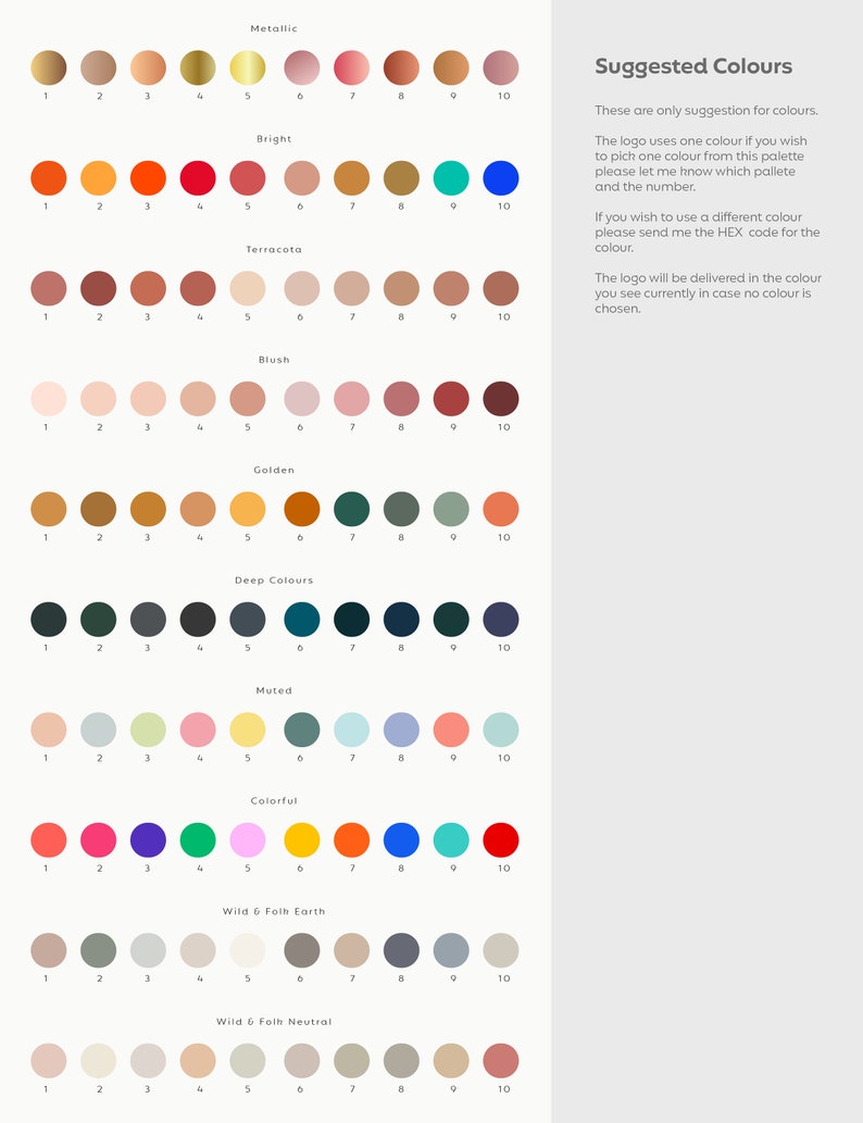K&ouml;nnte beinhalten: Ein Diagramm mit 10 Farbpaletten, jede mit 10 Farboptionen. Die Paletten sind beschriftet: Metallic, Hell, Terrakotta, Rouge, Golden, Tiefe Farben, Ged&auml;mpft, Bunt, Wilde & Folk Erde und Wilde & Folk Neutral. Das Diagramm ist mit "Vorschl&auml;ge f&uuml;r Farben" betitelt.