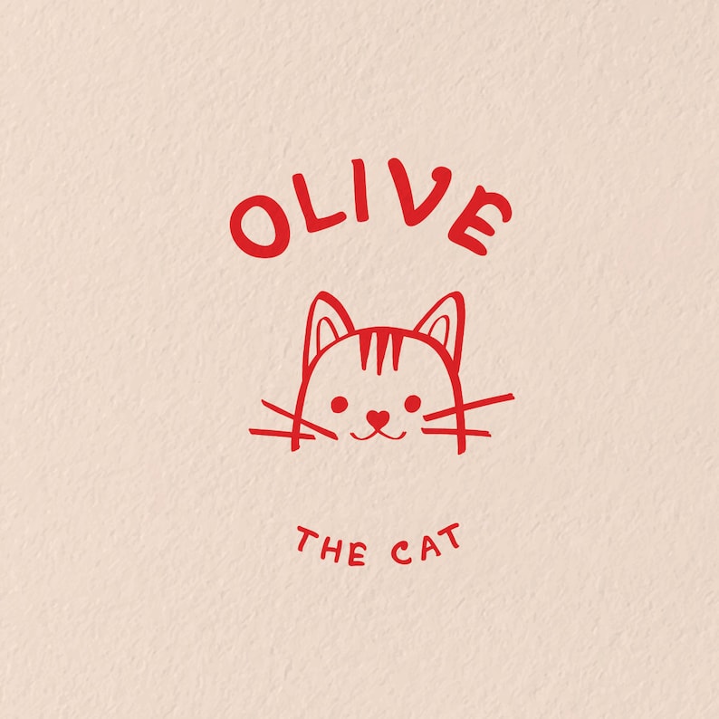 K&ouml;nnte beinhalten: Rote Illustration einer Katze mit dem Namen "Olive the Cat" dar&uuml;ber.