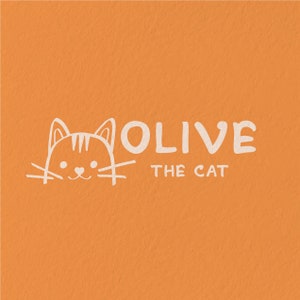 K&ouml;nnte beinhalten: Eine wei&szlig;e Umrandung eines Katzenkopfes mit dem Text "OLIVE THE CAT" auf einem durchgehenden orangenen Hintergrund.