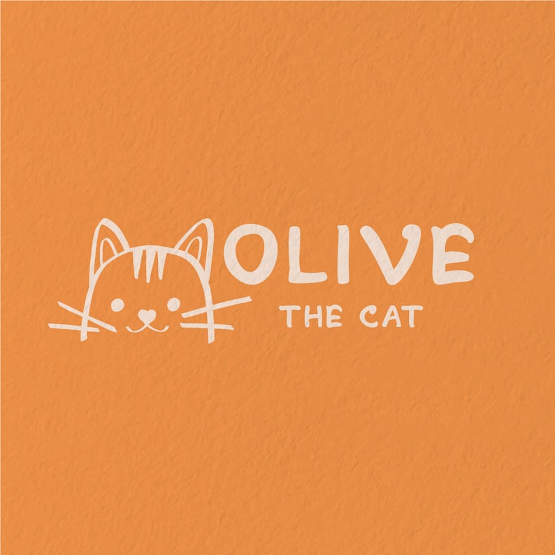 K&ouml;nnte beinhalten: Eine wei&szlig;e Umrandung eines Katzenkopfes mit dem Text "OLIVE THE CAT" auf einem durchgehenden orangenen Hintergrund.