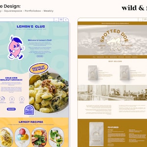 May include: Website design mockups for two businesses: Lemon's Club, a plant-based restaurant, and Spotted Doe Coffee Roasters. Lemon's Club features a yellow and blue color scheme with a cartoon lemon mascot. The website highlights their "Recipe of the Week" and "Latest Recipes". Spotted Doe Coffee Roasters features a brown and white color scheme with a spotted deer mascot. The website highlights their "Best Sellers" and "Featured" coffee blends.