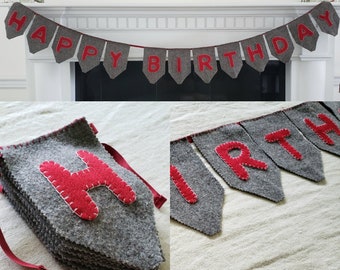 Wool Banner Happy Birthday Sign - Bday Party Celebration Holiday Greetings Fireplace Decor Long Swag Garland Color Gray Grey Red