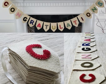 Wool Banner Congratulations Sign - Celebration Congrats Holiday Greetings Fireplace Decor Long Swag Garland Colorful Multicolored Cream