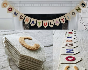 Wool Banner Congratulations Sign - Celebration Congrats Holiday Greetings Fireplace Decor Long Swag Garland Colorful Multicolored Cream