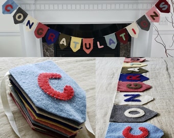 Wool Banner Congratulations Sign - Celebration Congrats Holiday Greetings Fireplace Decor Long Swag Garland Colorful Multicolored Cream