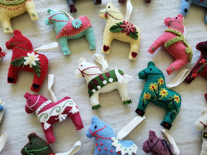 Wool Dala Horse Ornament Handmade Swedish Nordic Scandinavian Mini Animal Christmas Xmas Tree Winter Decoration Custom Colors Designs image 1