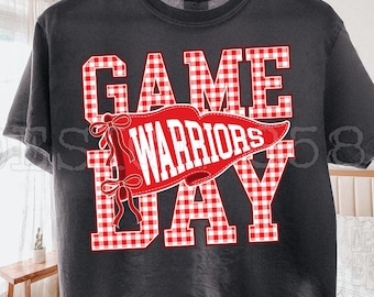 Warriors Game Day PNG, Red Gingham Plaid Mascot Design, Preppy Pennant Sublimation Shirt, School Spirit, Instant Digital Download File