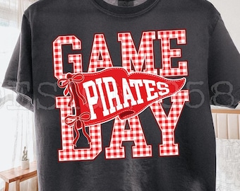 Pirates Game Day PNG, Red Gingham Plaid Mascot Design, Preppy Pennant Sublimation Shirt, School Spirit, Instant Digital Download File