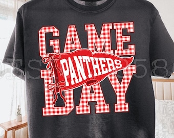 Panthers Game Day PNG, Red Gingham Plaid Mascot Design, Preppy Pennant Sublimation Shirt, School Spirit, Instant Digital Download File