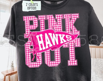 Pink Out Hawks PNG, Preppy Gingham Football Mascot Sublimation Design, Hawks Pennant Flag Shirt, Team Spirit, Instant Download DTF