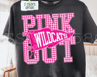 Pink Out Wildcats PNG, Preppy Gingham School Sport Mascot Sublimation Design, Wildcats Pennant Flag Shirt, Team Spirit, Instant Download DTF