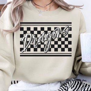 Dragons PNG SVG, Retro Checkered Mascot Cursive Shirt Design, School Spirit Game Day Gift, Sublimation Digital Download