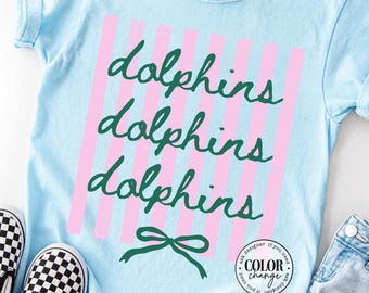 Dolphins Mascot SVG PNG, Coquette Striped School Spirit Shirt Design, Preppy Game Day, Girly Bow Team Mascot Cricut Cut File