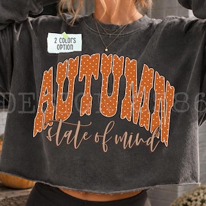 May include: A charcoal grey cropped sweatshirt featuring the orange text AUTUMN with a white polka dot pattern and the cursive text state of mind underneath. A small white rectangular label with the text 2 COLORS OPTION is attached.