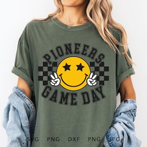Pioneers SVG, PNG, dxf, jpg, eps, Pioneers Game Day Cricut, Pioneers School Mascot Cut File, Retro Pioneers Groovy Checkered