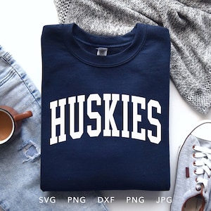 Huskies SVG, PNG ,dxf, jpg, eps, Trendy Huskies Arched Varsity Shirt Sublimation, Huskies School Mascot Cricut, Huskies Team Spirit