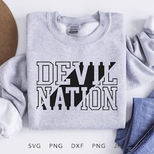 Devil Nation SVG, PNG, dxf, jpg, eps, Sublimación de camisa Devils, Cricut de mascota de Devils School, Sudadera Devils Team Spirit