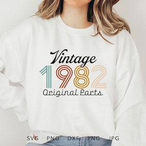 Peças originais vintage de 1982 SVG, PNG, DXF, Jpg, Eps, sublimação de camisa de aniversário retrô, cricut clássico de aniversário, arquivo de corte envelhecido com perfeição