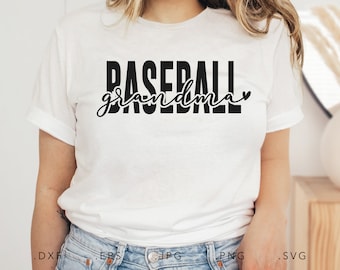 May include: White t-shirt with the text "Baseball grandma" in black lettering with a small heart.
