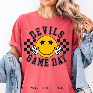 Devils SVG, PNG, dxf, jpg, eps, Devils Game Day Cricut, Devils School mascotte gesneden bestand, retro duivels groovy geruit