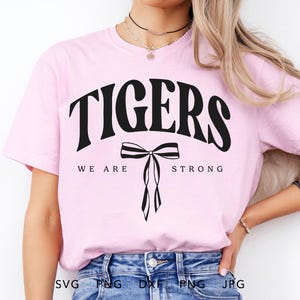 Coqueta de tigres SVG, PNG, dxf, jpg, eps, archivo de corte fuerte de tigres arqueados de moda, mascota escolar de tigres Cricut, espíritu de equipo de tigres
