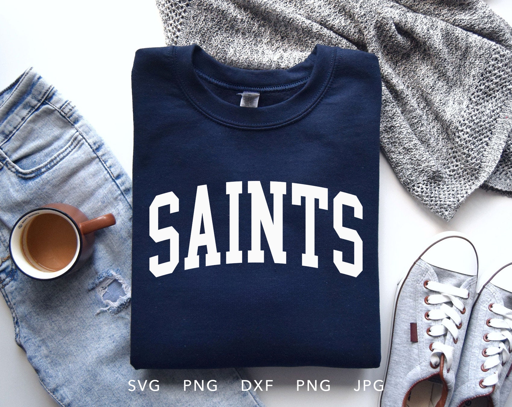 Saints SVG, PNG ,dxf, jpg, eps, Trendy Saints Arched Varsity Shirt Sublimation, Saints School Mascot Cricut, Saints Team Spirit Cut File