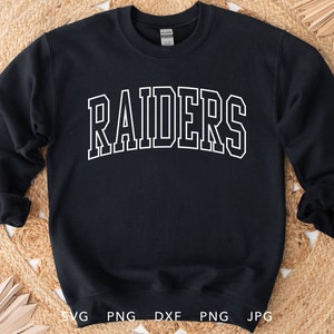 Raiders SVG, PNG, dxf, jpg, eps, Raiders Arched Varsity Silhouette Cameo, Raiders School Mascot Cricut, Felpa Raiders Team Spirit