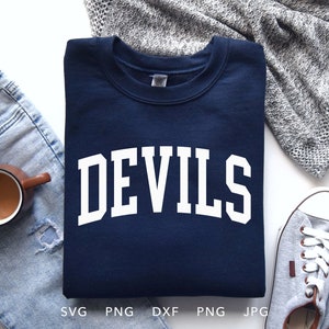 Devils SVG, PNG, dxf, jpg, eps, Sublimación de camisa universitaria arqueada de Trendy Devils, Cricut de mascota de Devils School, Archivo de corte de espíritu de equipo de Devils