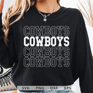 Diseño de sublimación de camisetas de los Cowboys con letras de molde apiladas (SVG, PNG, DXF, EPS) y espíritu de equipo escolar de los Cowboys (Cricut)