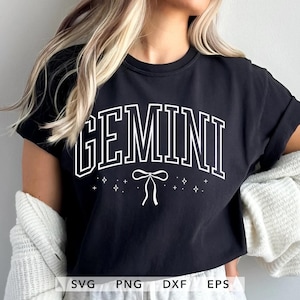 Op de afbeelding: Zwart T-shirt met het woord "GEMINI" in witte, omrande blokletters. Onder het woord een witte strik en sterren. Onderaan de afbeelding staan de bestandstypen: SVG, PNG, DXX en EPS.