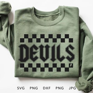 Duivels geruit SVG, PNG, dxf, jpg, eps, Retro Devils teamgeest sublimatieontwerp, duivelsschoolmascotte opstrijkbaar