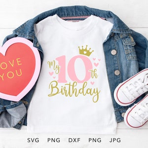 Zehnter Geburtstag SVG, PNG, Eps, Dxf, Zehn Jahre alte Geburtstagskind Shirt Sublimation, mein 10. Geburtstag Cricut, Geschenk für Geburtstagskind Cut File