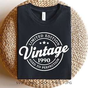 May include: Black t-shirt with a white circle graphic that says "Limited Edition Vintage 1990 Aged to Perfection".