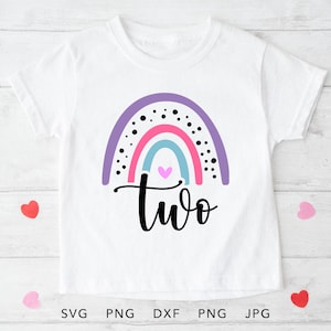 Arco-íris de 2º aniversário SVG, PNG, Eps, Dxf, Sublimação de camisa de aniversariante fofa de 2 anos, Cricut de segundo aniversário, arquivo de corte de aniversariante
