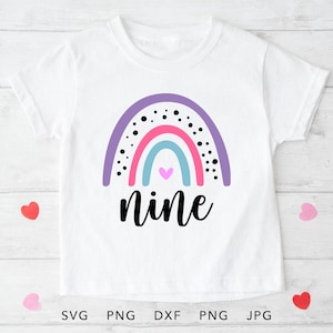 9e anniversaire arc-en-ciel SVG, PNG, Eps, Dxf, mignon 9 ans anniversaire fille chemise sublimation, neuvième anniversaire Cricut, anniversaire fille coupe fichier