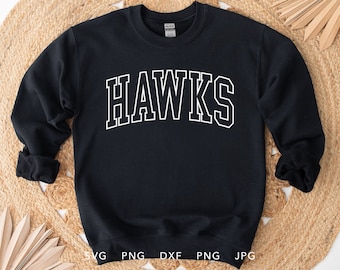 Hawks SVG, PNG, dxf, jpg, eps, Hawks Arched Varsity Silhouette Cameo, Hawks School Mascot Cricut, Hawks Team Spirit Sweatshirt