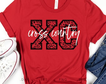 May include: Red t-shirt with a black and white leopard print "XC" design and the text "cross country" in white.