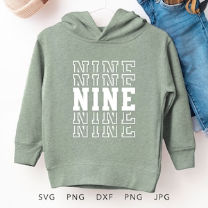 Neuf SVG, PNG, Eps, Dxf, 9 ans anniversaire garçon chemise sublimation, 9e anniversaire fille Cricut, jolie idée cadeau neuvième anniversaire