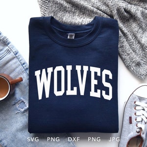 Wolves SVG, PNG ,dxf, jpg, eps, Trendy Wolves Arched Varsity Shirt Sublimation, Wolves School Mascot Cricut, Wolves Team Spirit Cut File