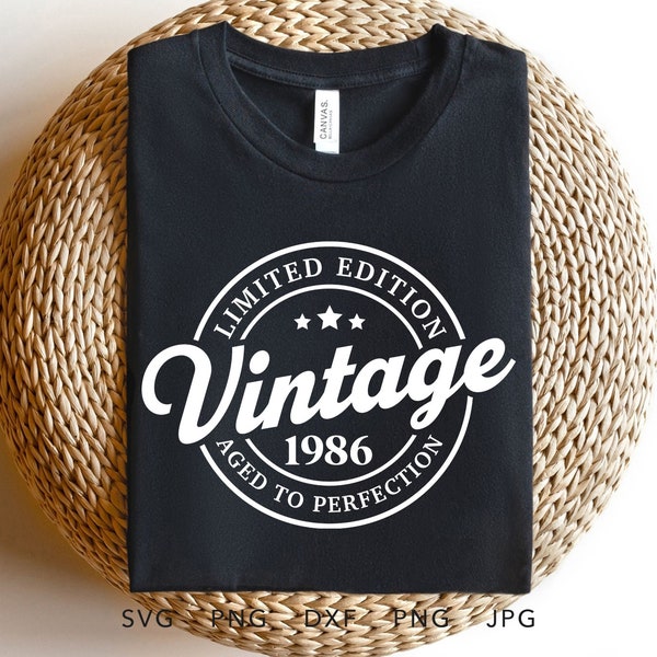 Vintage 1986 leeftijd tot in de perfectie SVG, PNG, DXF, Jpg, Eps, Retro verjaardag shirt sublimatie, klassieke 80's generatie Cricut, gemaakt in 1986